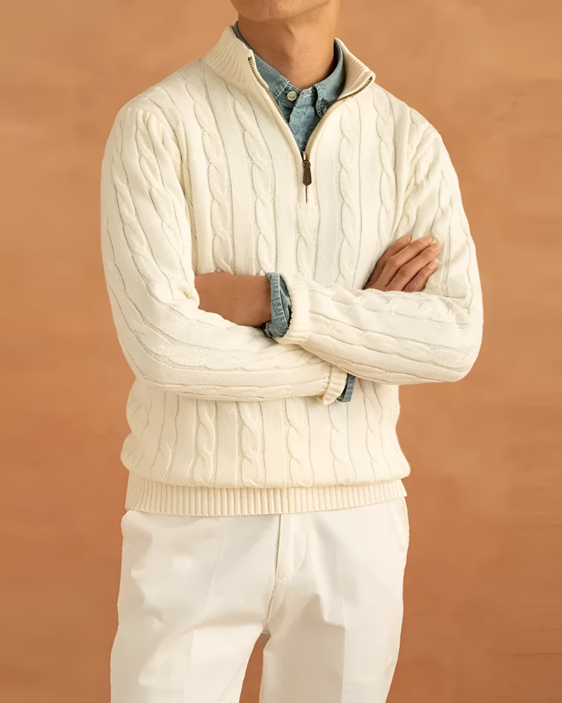 OLD MONEY HALF-ZIP KABELPULLOVER - 100 % BAUMWOLLE