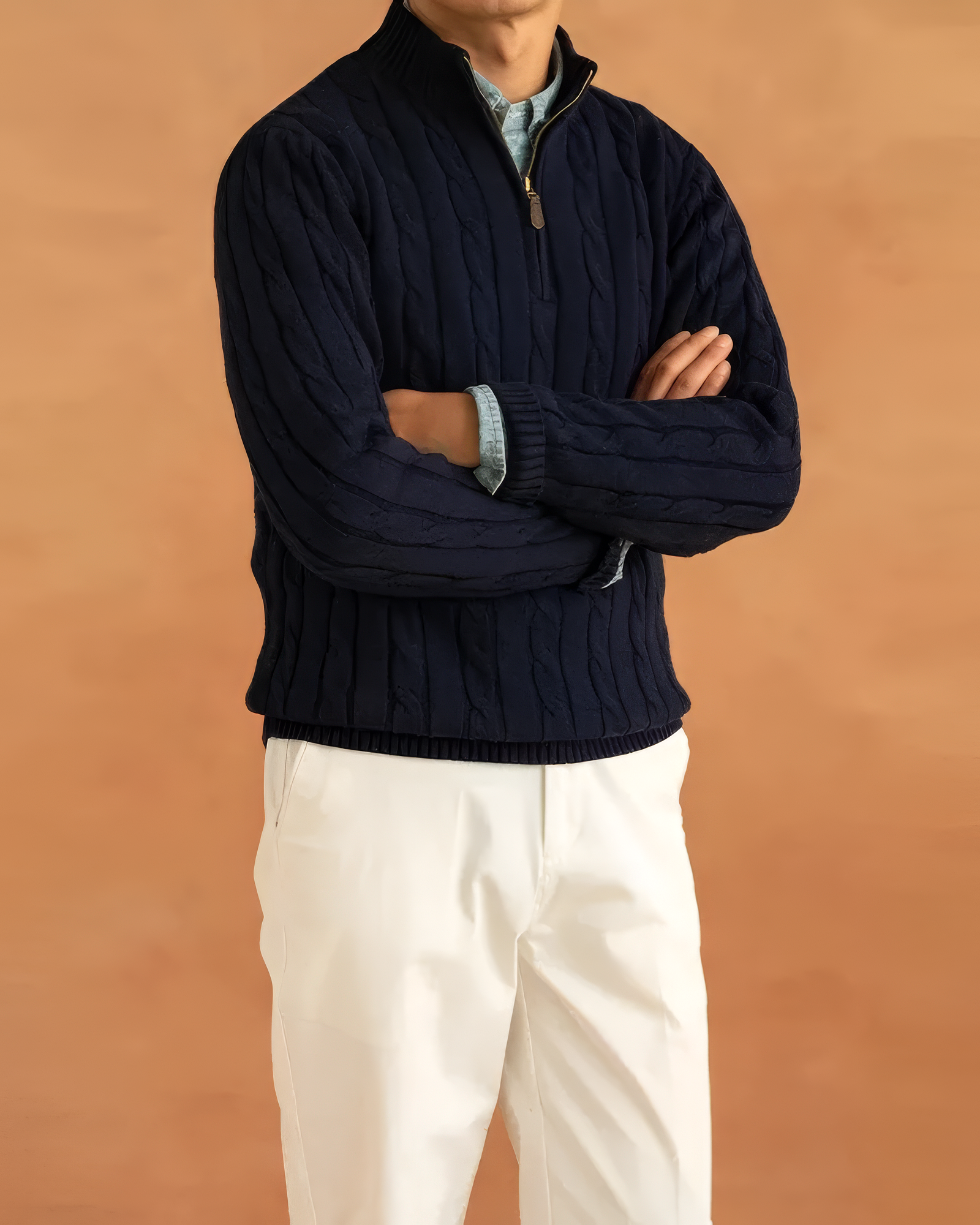 OLD MONEY HALF-ZIP KABELPULLOVER - 100 % BAUMWOLLE